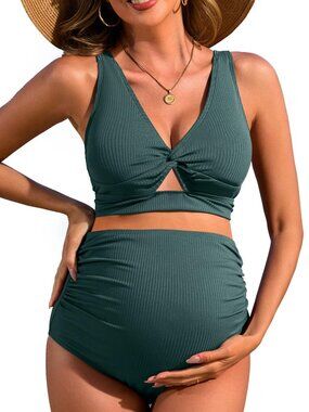 Charmo Maternity 2 Piece Bikini Swimsuit Ribbed Two Piece High Waist Pregnancy M